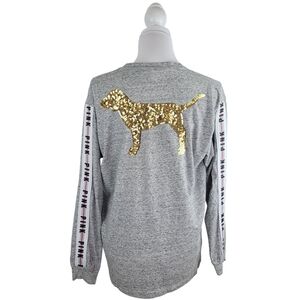 PINK Victorias Secret Grey Gray Gold Sequin Dog Shirt Long Sleeve Medium Casual